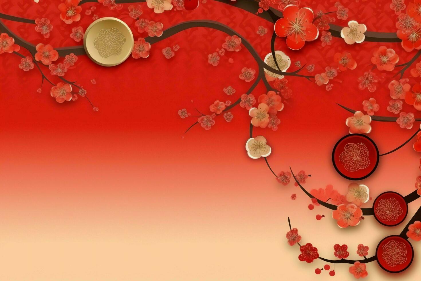 Chinese new year background with traditional lanterns, sakura flowers and copy space. Lunar new year concept by AI Generated photo