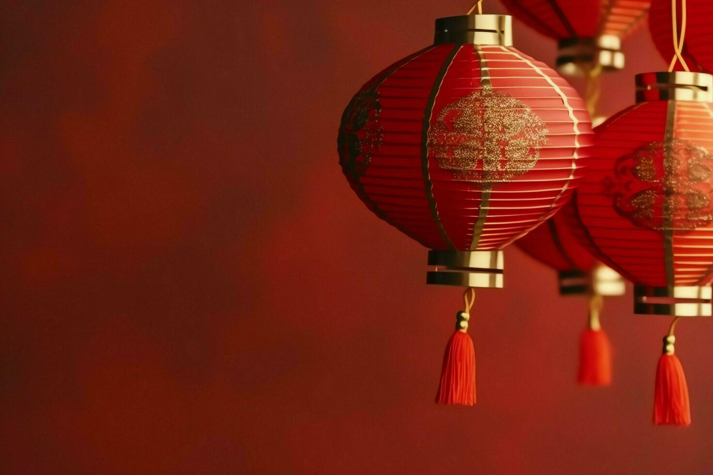 Chinese new year background with traditional lanterns, sakura flowers and copy space. Lunar new year concept by AI Generated photo