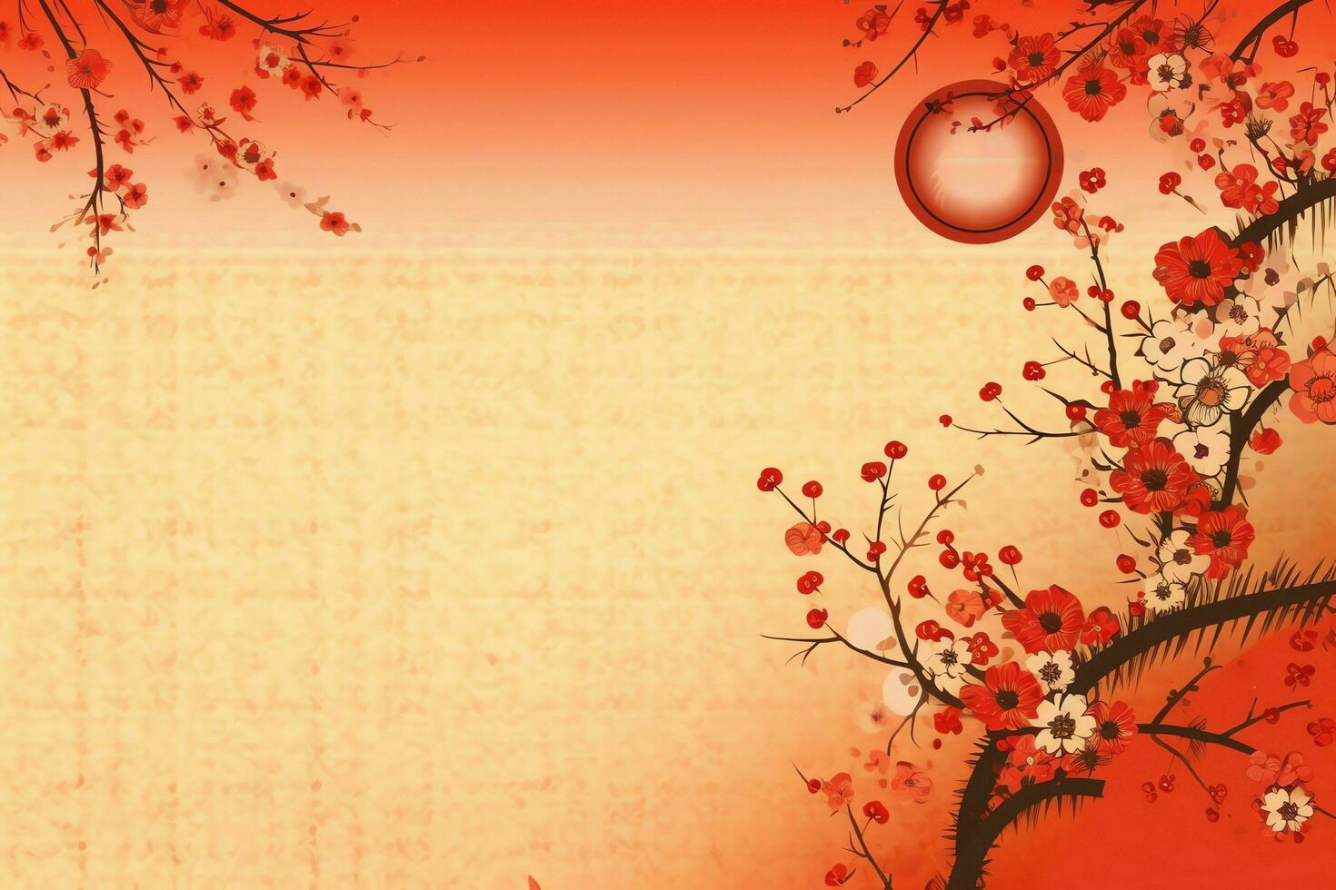 Chinese new year background with traditional lanterns, sakura flowers and copy space. Lunar new year concept by AI Generated photo