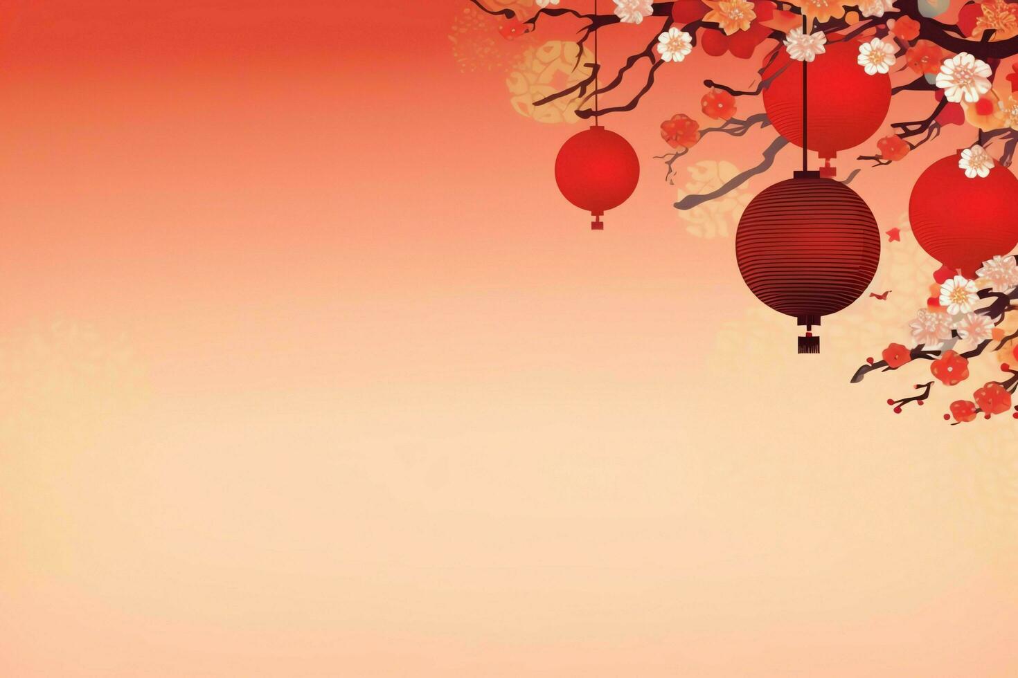 Chinese new year background with traditional lanterns, sakura flowers and copy space. Lunar new year concept by AI Generated photo