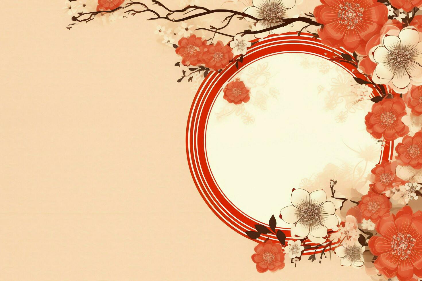 Chinese new year background with traditional lanterns, sakura flowers and copy space. Lunar new year concept by AI Generated photo