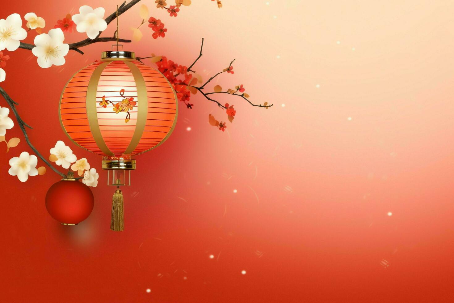 Chinese new year background with traditional lanterns, sakura flowers and copy space. Lunar new year concept by AI Generated photo