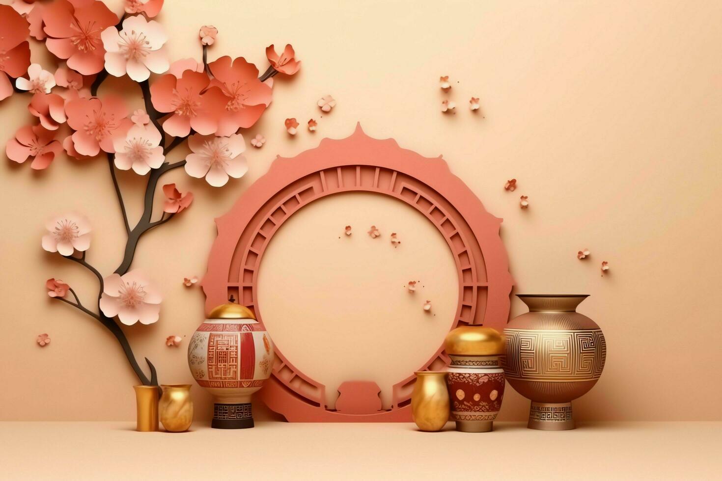 Chinese new year background with traditional lanterns, sakura flowers and copy space. Lunar new year concept by AI Generated photo