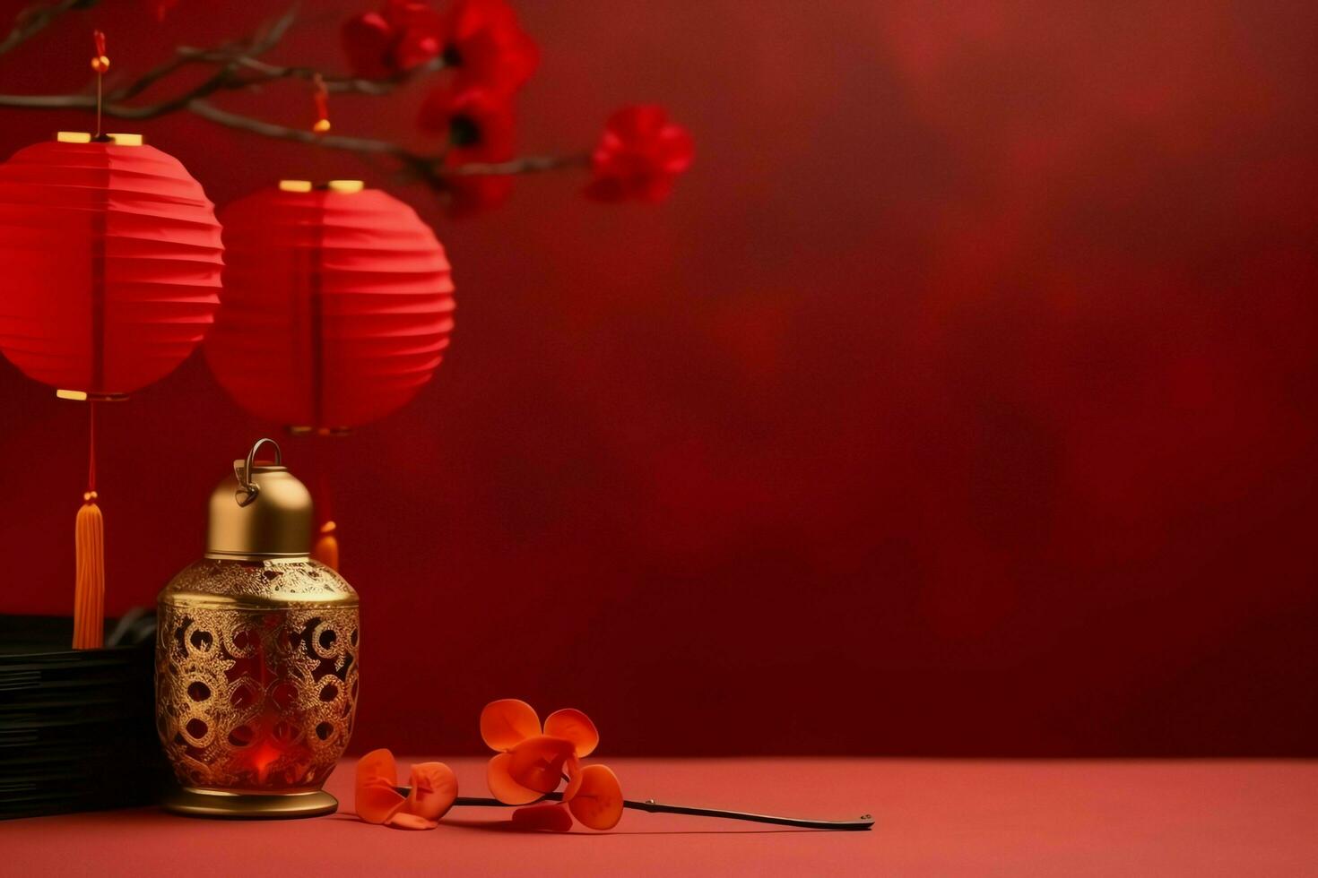 Chinese new year background with traditional lanterns, sakura flowers and copy space. Lunar new year concept by AI Generated photo