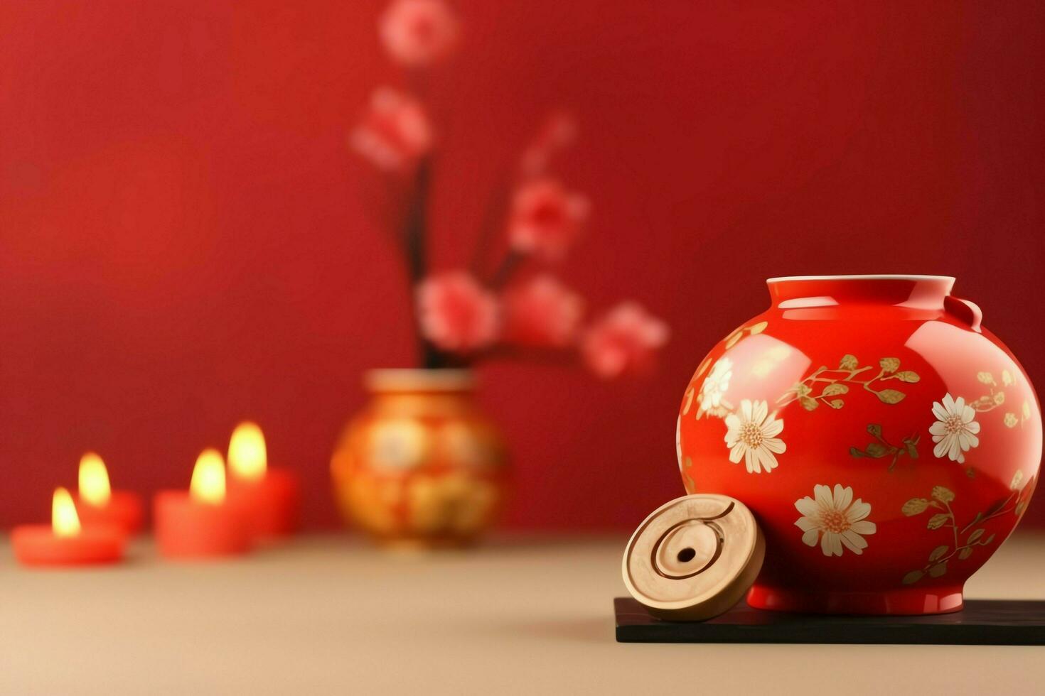 Chinese new year background with traditional lanterns, sakura flowers and copy space. Lunar new year concept by AI Generated photo