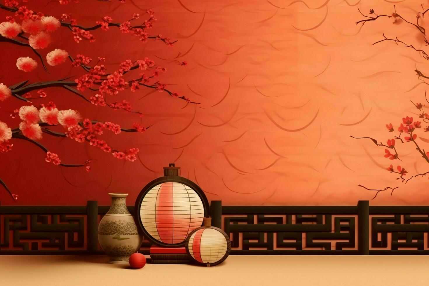 Chinese new year background with traditional lanterns, sakura flowers and copy space. Lunar new year concept by AI Generated photo