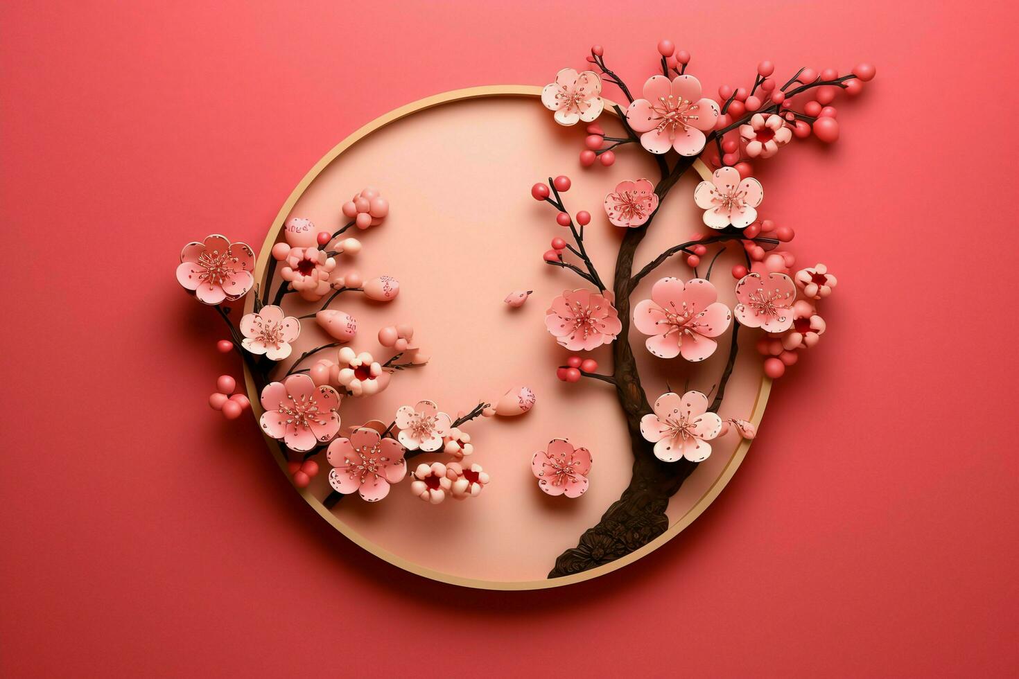 Chinese new year background with traditional lanterns, sakura flowers and copy space. Lunar new year concept by AI Generated photo