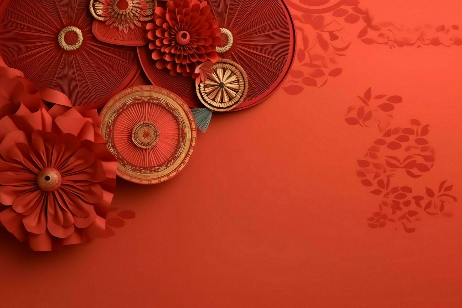 Chinese new year background with traditional lanterns, sakura flowers and copy space. Lunar new year concept by AI Generated photo