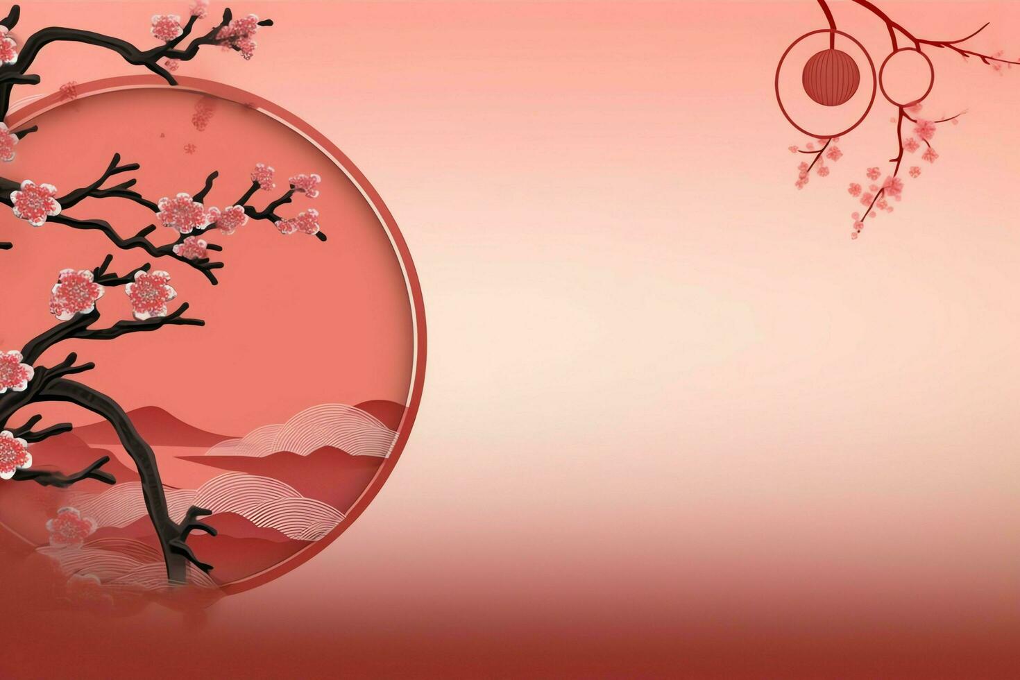 Chinese new year background with traditional lanterns, sakura flowers and copy space. Lunar new year concept by AI Generated photo