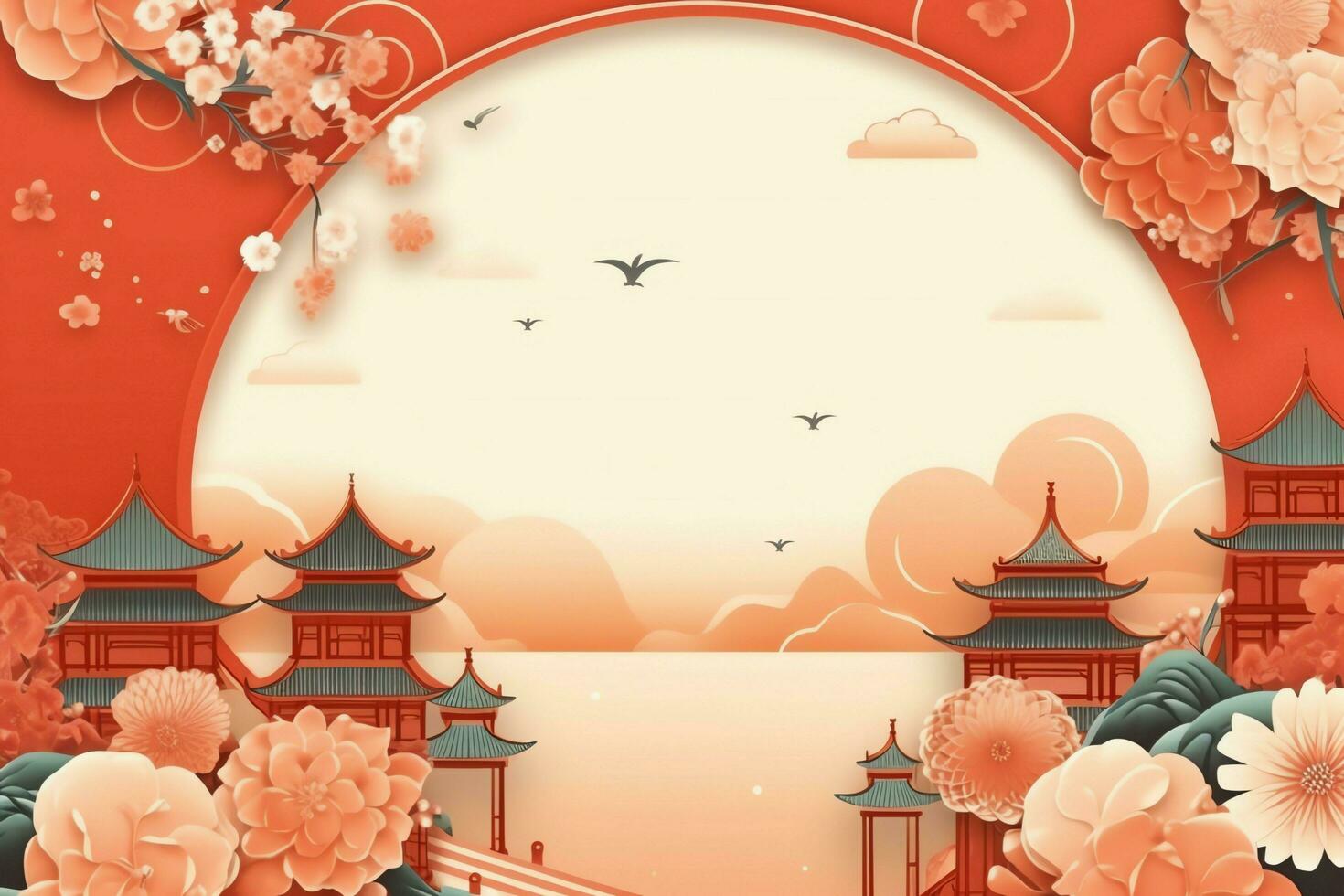 Chinese new year background with traditional lanterns, sakura flowers and copy space. Lunar new year concept by AI Generated photo