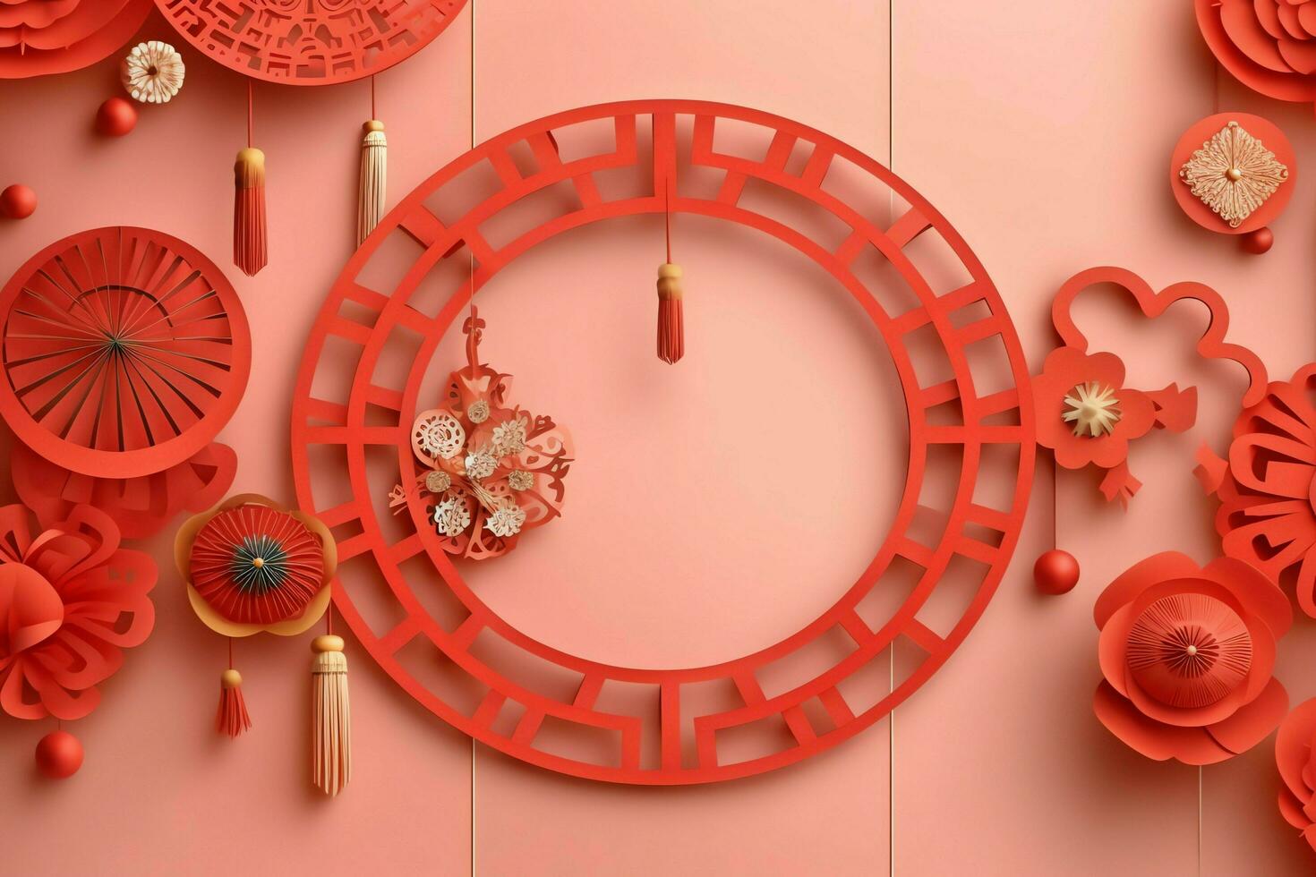 Chinese new year background with traditional lanterns, sakura flowers and copy space. Lunar new year concept by AI Generated photo