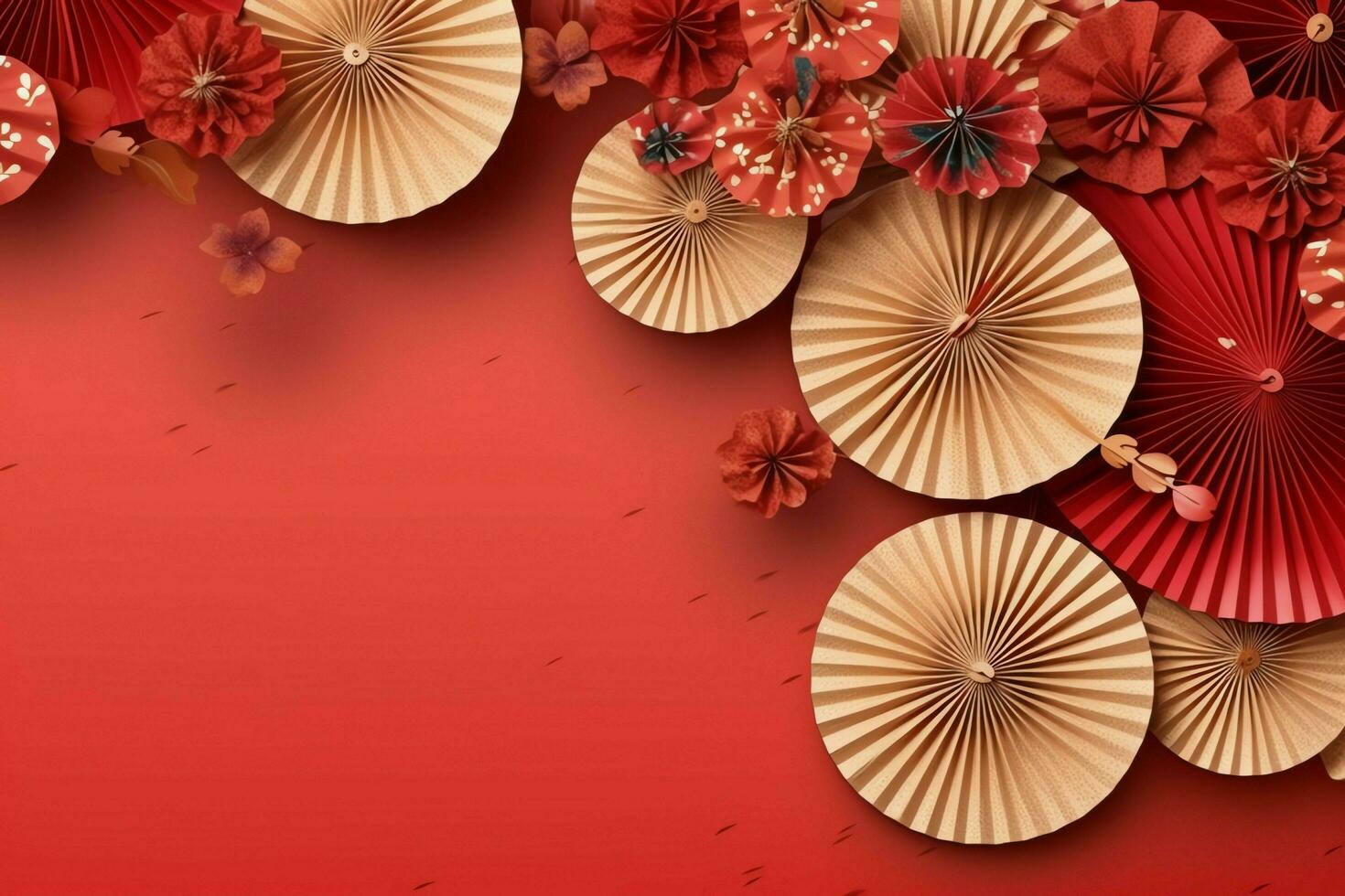 Chinese new year background with traditional lanterns, sakura flowers and copy space. Lunar new year concept by AI Generated photo