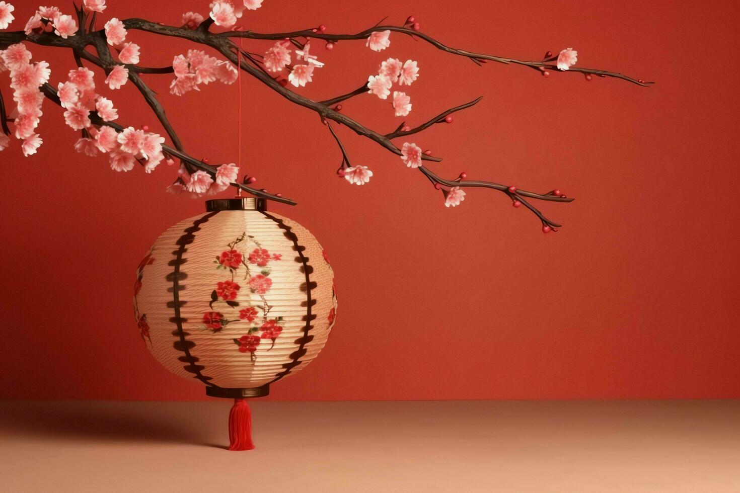 Chinese new year background with traditional lanterns, sakura flowers and copy space. Lunar new year concept by AI Generated photo