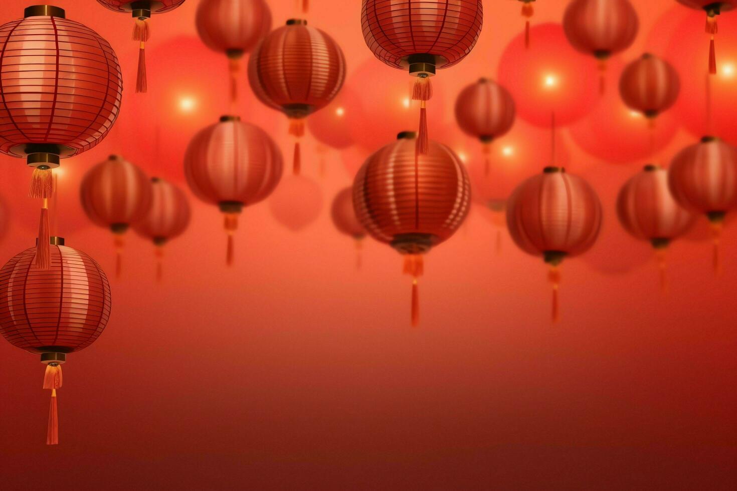 Chinese new year background with traditional lanterns, sakura flowers and copy space. Lunar new year concept by AI Generated photo