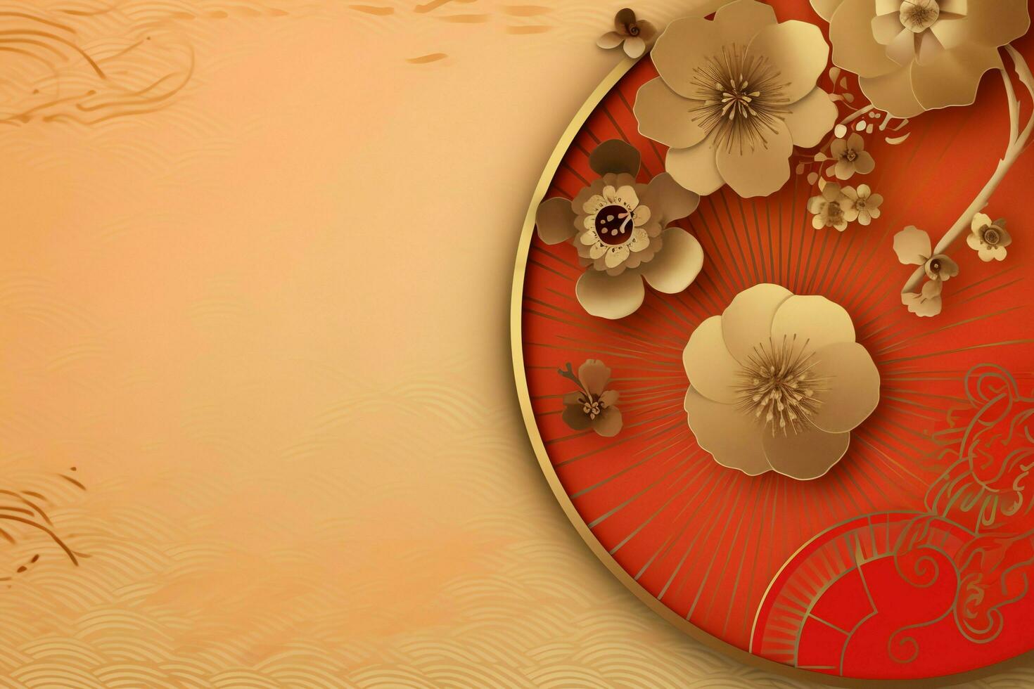 Chinese new year background with traditional lanterns, sakura flowers and copy space. Lunar new year concept by AI Generated photo