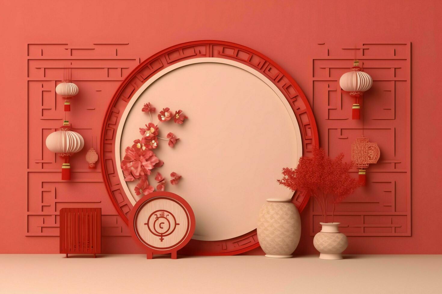 Chinese new year background with traditional lanterns, sakura flowers and copy space. Lunar new year concept by AI Generated photo