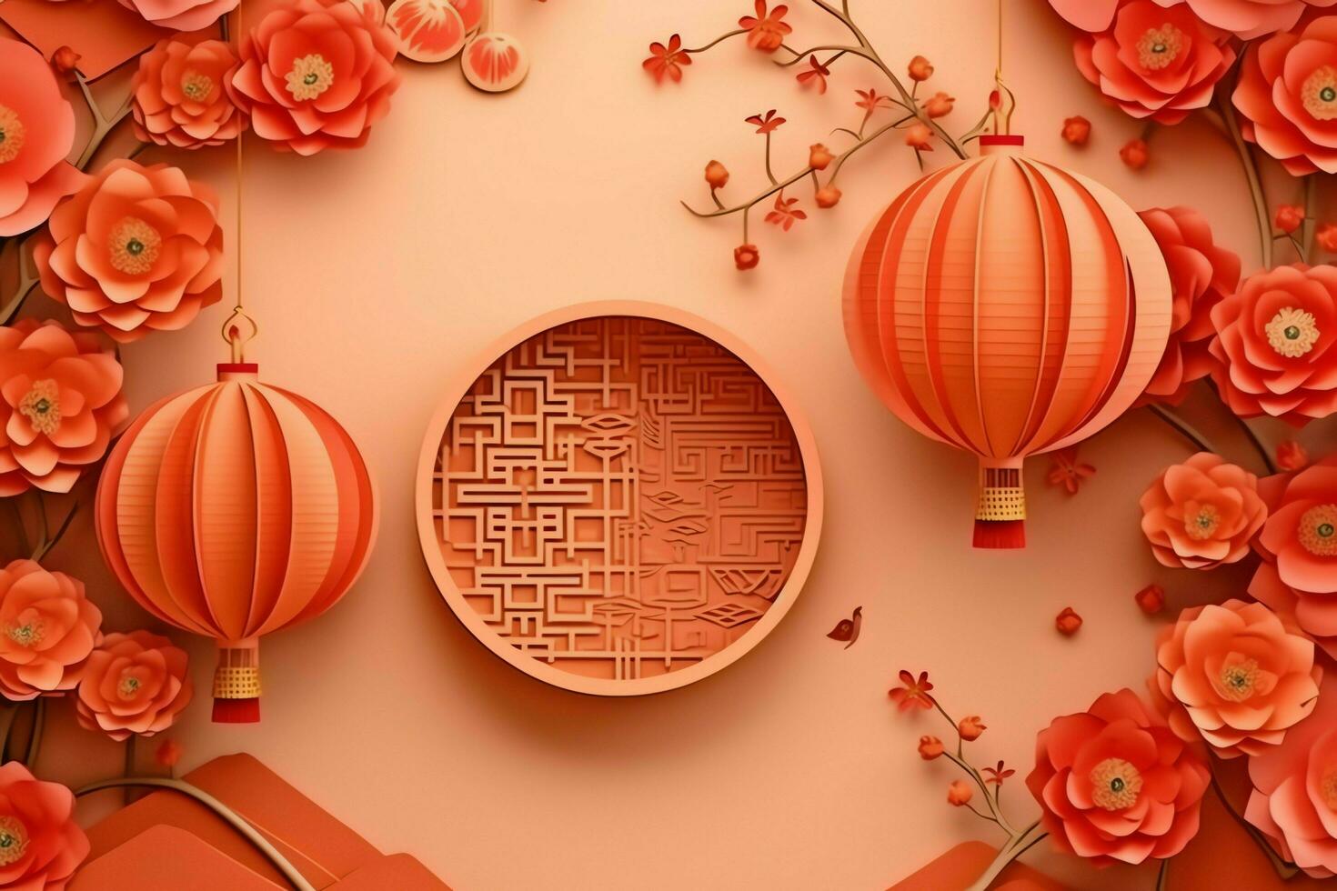 Chinese new year background with traditional lanterns, sakura flowers and copy space. Lunar new year concept by AI Generated photo