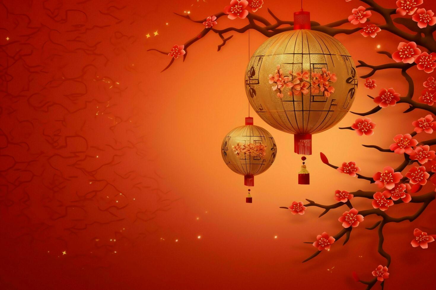 Chinese new year background with traditional lanterns, sakura flowers and copy space. Lunar new year concept by AI Generated photo