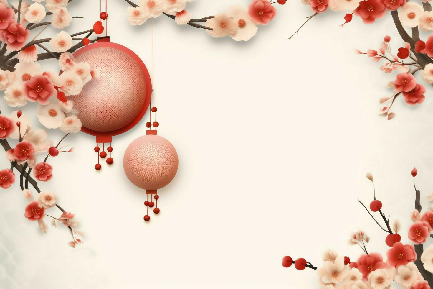 Chinese new year background with traditional lanterns, sakura flowers and copy space. Lunar new year concept by AI Generated photo