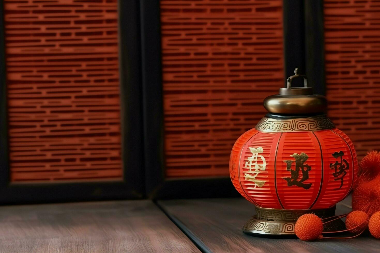 Chinese new year background with traditional lanterns, sakura flowers and copy space. Lunar new year concept by AI Generated photo