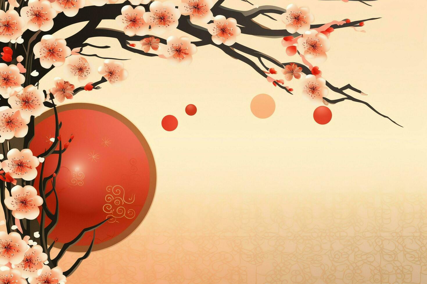 Chinese new year background with traditional lanterns, sakura flowers and copy space. Lunar new year concept by AI Generated photo