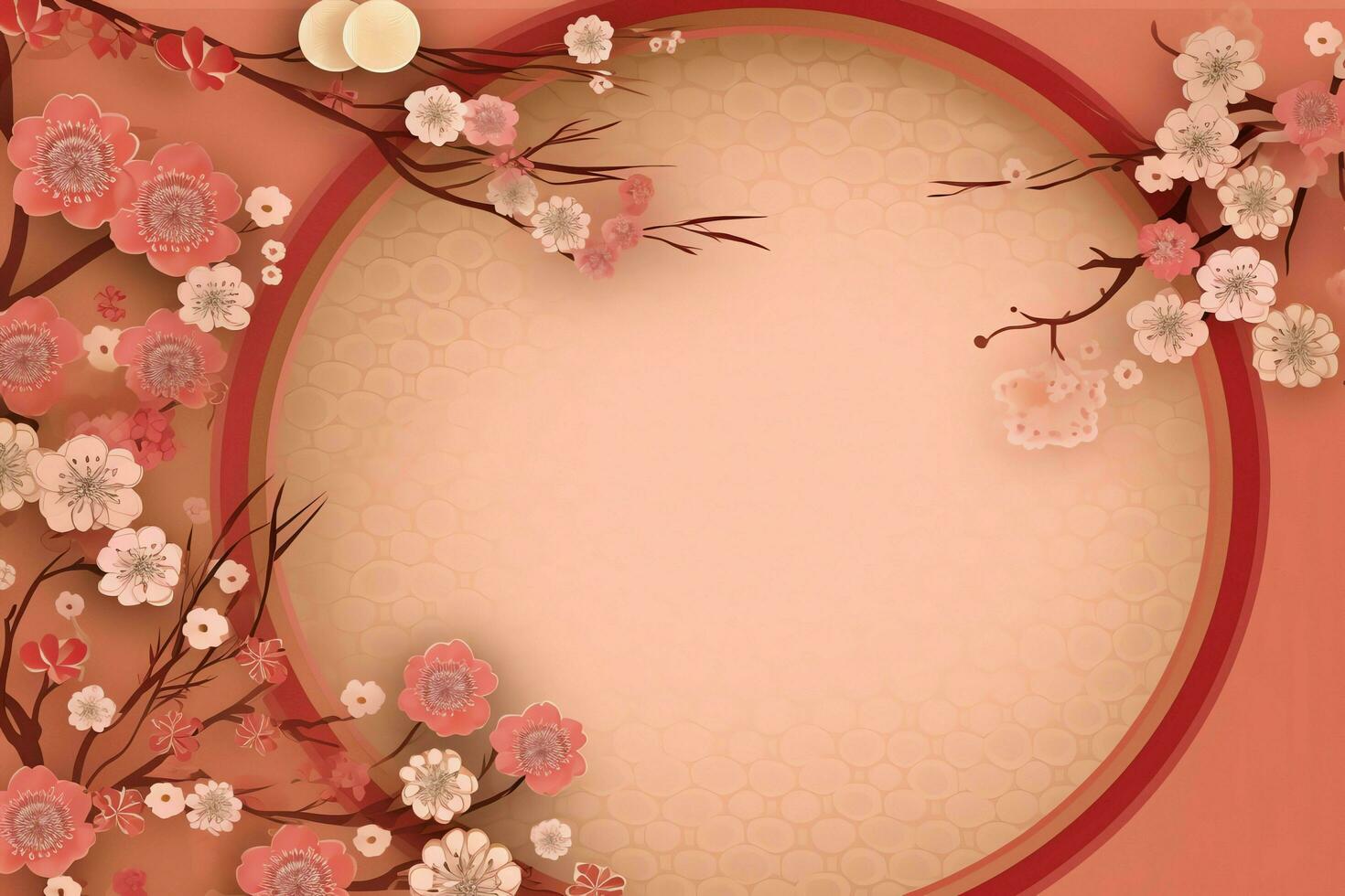 Chinese new year background with traditional lanterns, sakura flowers and copy space. Lunar new year concept by AI Generated photo