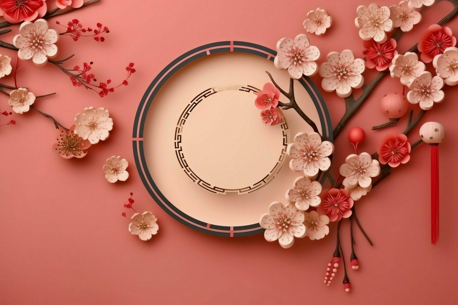 Chinese new year background with traditional lanterns, sakura flowers and copy space. Lunar new year concept by AI Generated photo