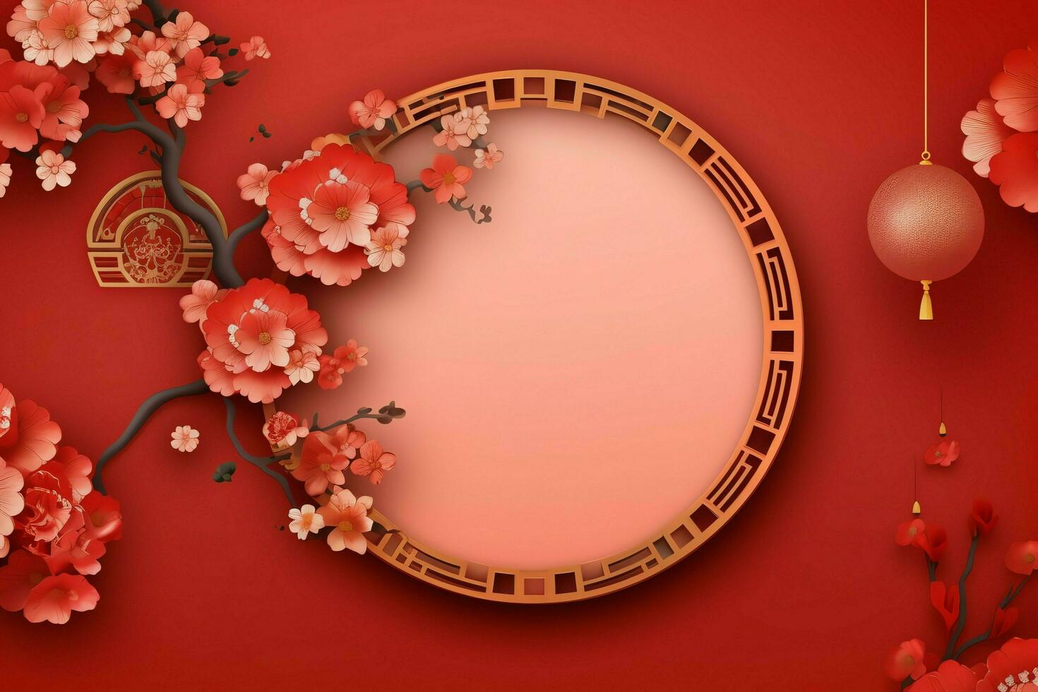 Chinese new year background with traditional lanterns, sakura flowers and copy space. Lunar new year concept by AI Generated photo