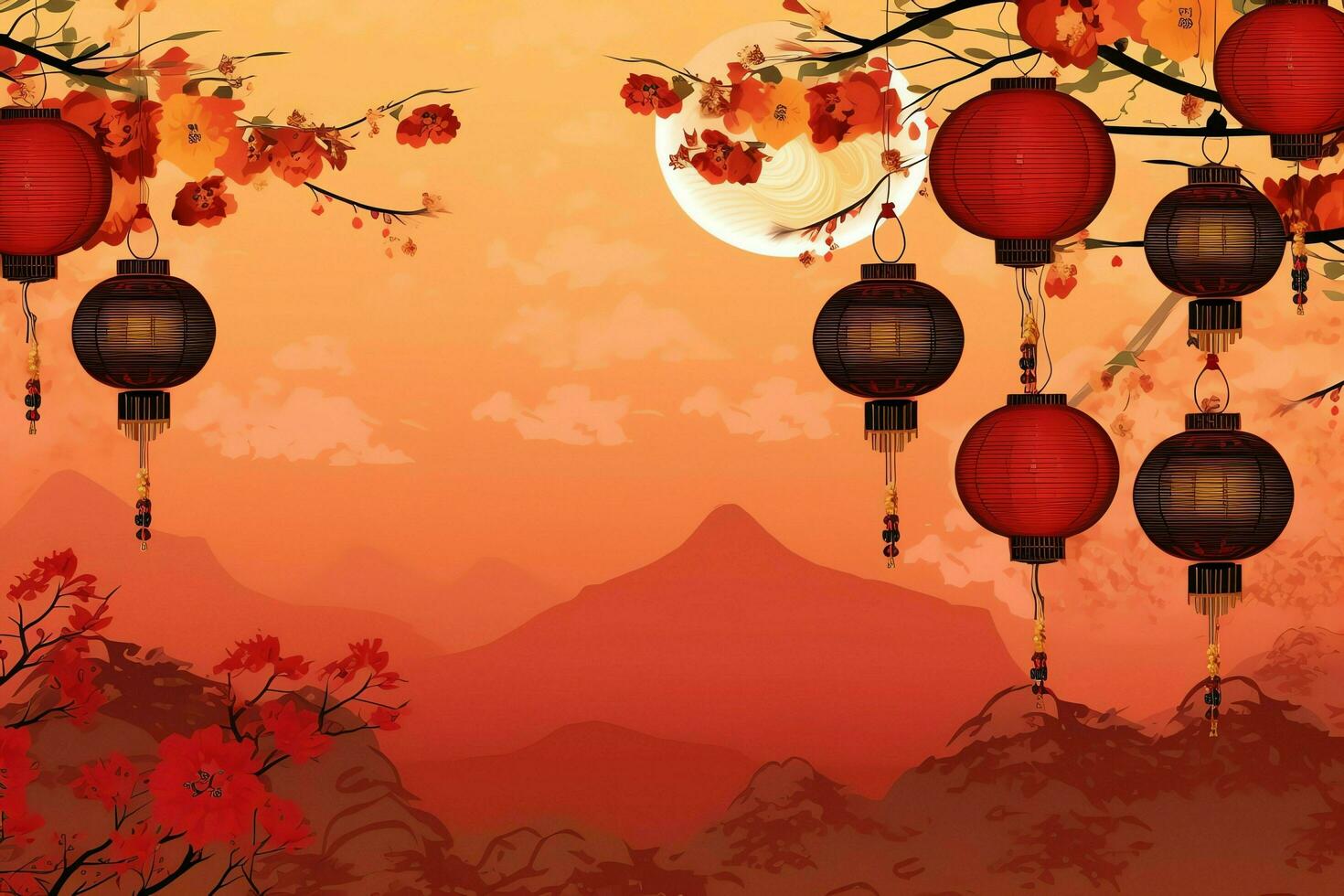 Chinese new year background with traditional lanterns, sakura flowers and copy space. Lunar new year concept by AI Generated photo