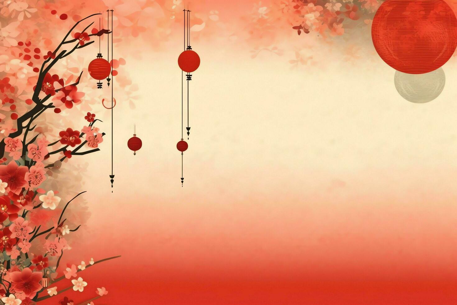 Chinese new year background with traditional lanterns, sakura flowers and copy space. Lunar new year concept by AI Generated photo