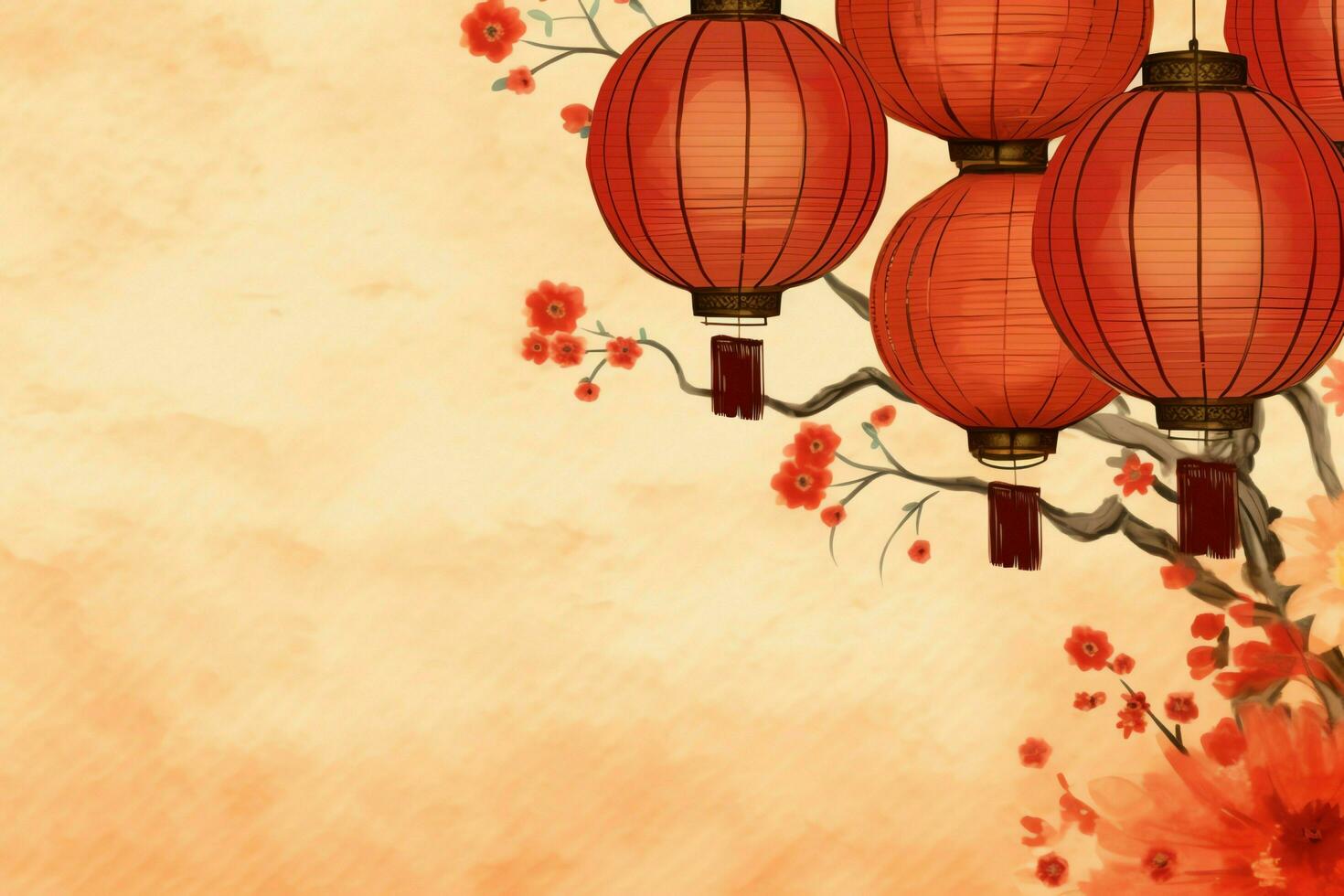 Chinese new year background with traditional lanterns, sakura flowers and copy space. Lunar new year concept by AI Generated photo