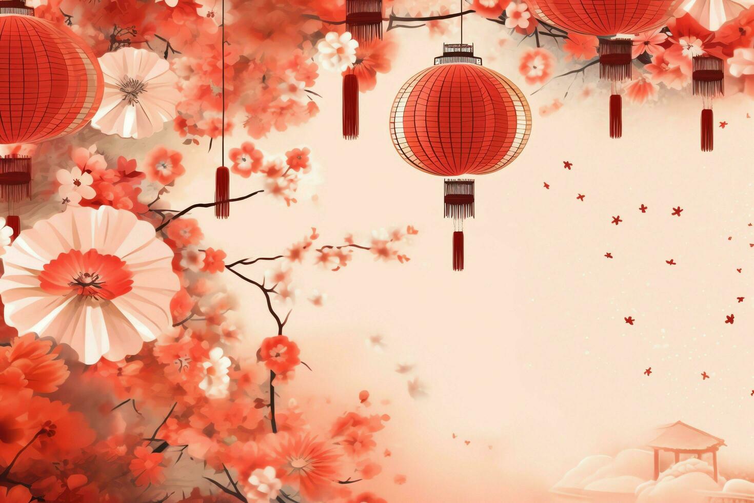 Chinese new year background with traditional lanterns, sakura flowers and copy space. Lunar new year concept by AI Generated photo