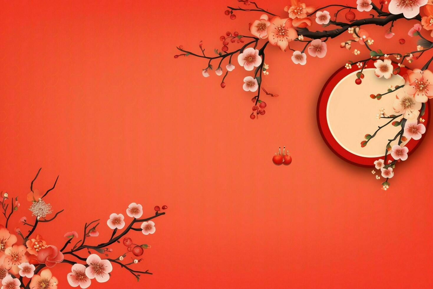 Chinese new year background with traditional lanterns, sakura flowers and copy space. Lunar new year concept by AI Generated photo