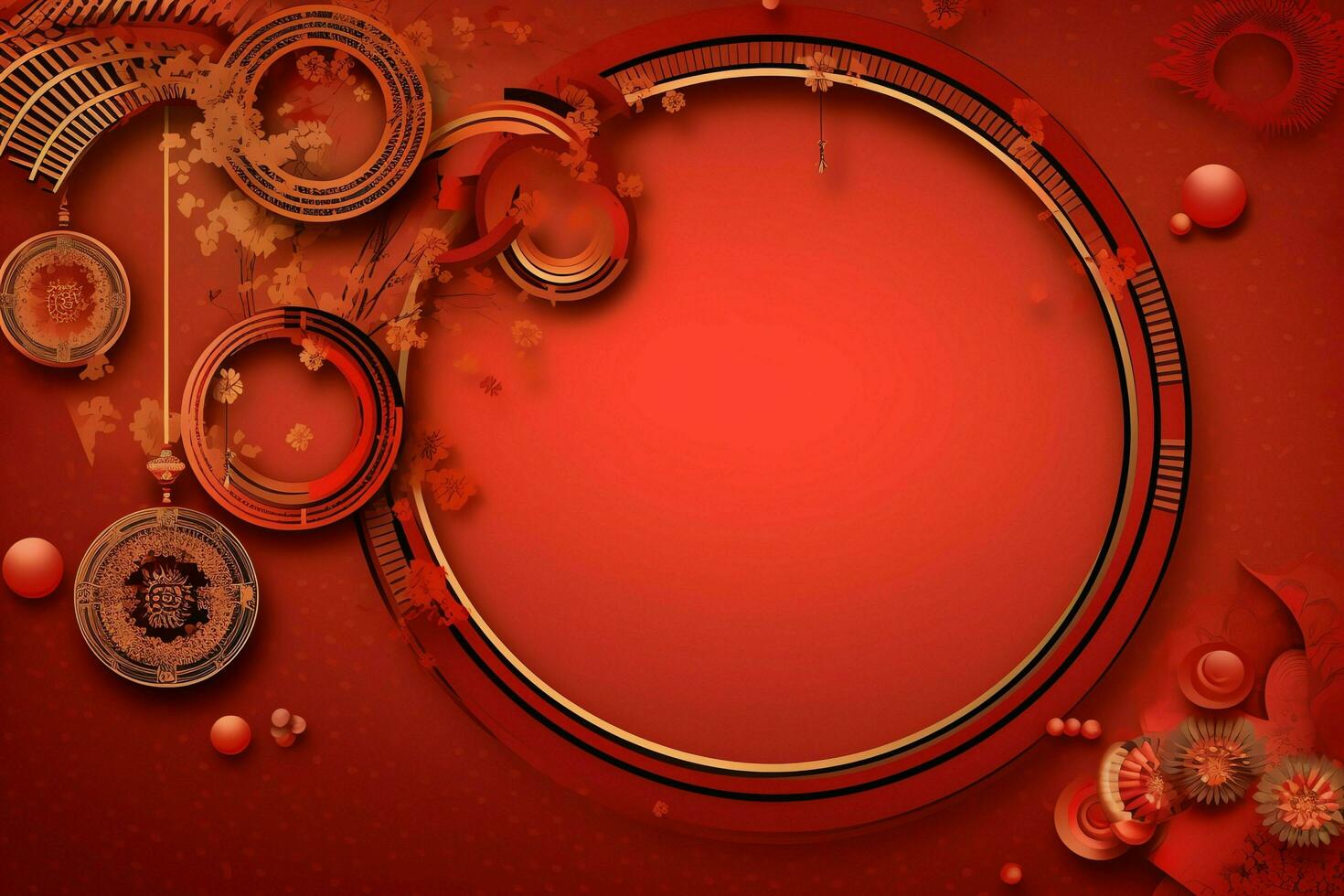Chinese new year background with traditional lanterns, sakura flowers and copy space. Lunar new year concept by AI Generated photo