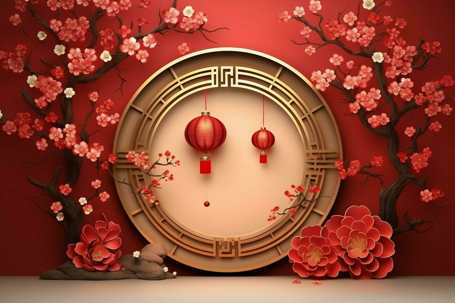 Chinese new year background with traditional lanterns, sakura flowers