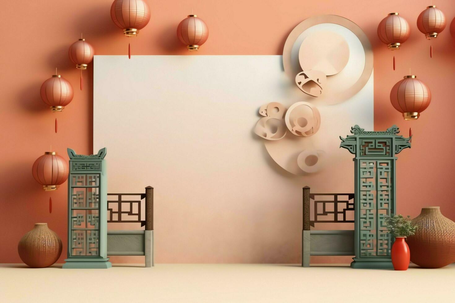 Chinese new year background with traditional lanterns, sakura flowers and copy space. Lunar new year concept by AI Generated photo