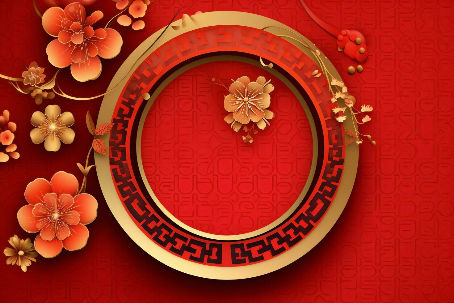 Chinese new year background with traditional lanterns, sakura flowers and copy space. Lunar new year concept by AI Generated photo