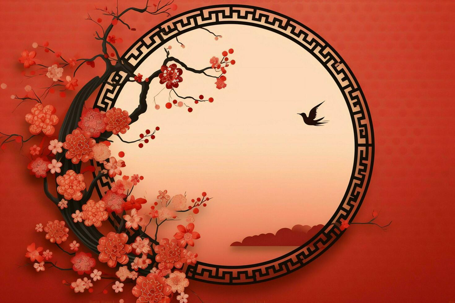 Chinese new year background with traditional lanterns, sakura flowers and copy space. Lunar new year concept by AI Generated photo