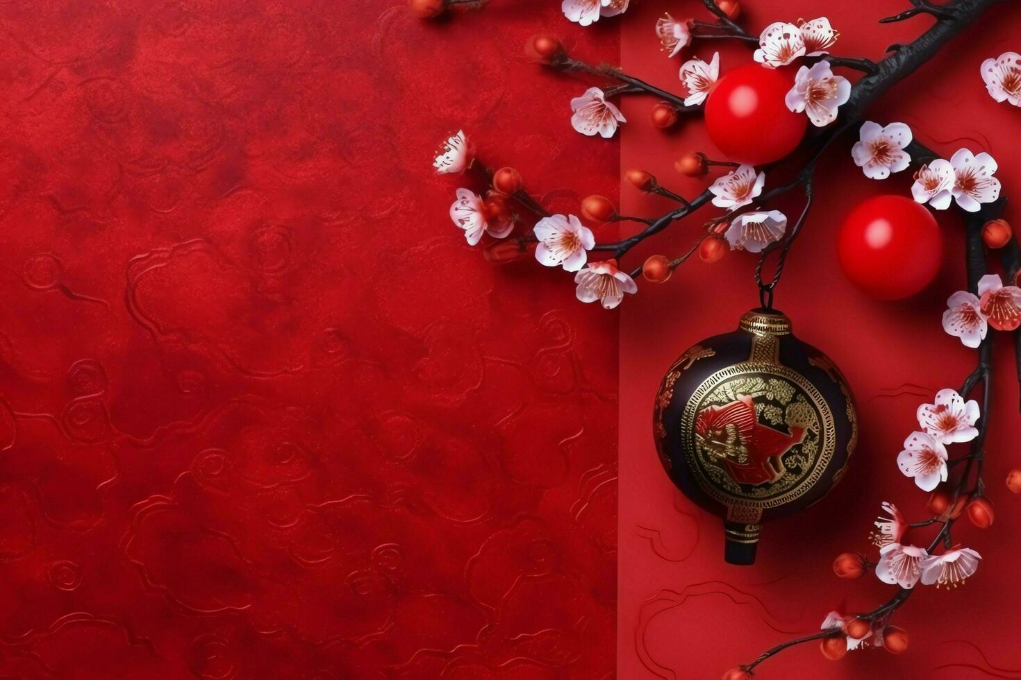 Chinese new year background with traditional lanterns, sakura flowers and copy space. Lunar new year concept by AI Generated photo