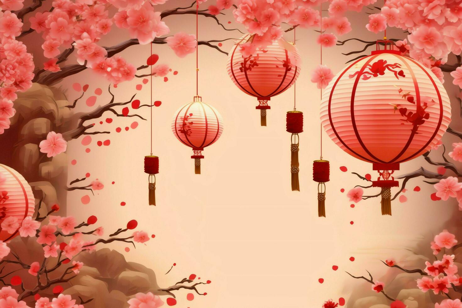 Chinese new year background with traditional lanterns, sakura flowers and copy space. Lunar new year concept by AI Generated photo