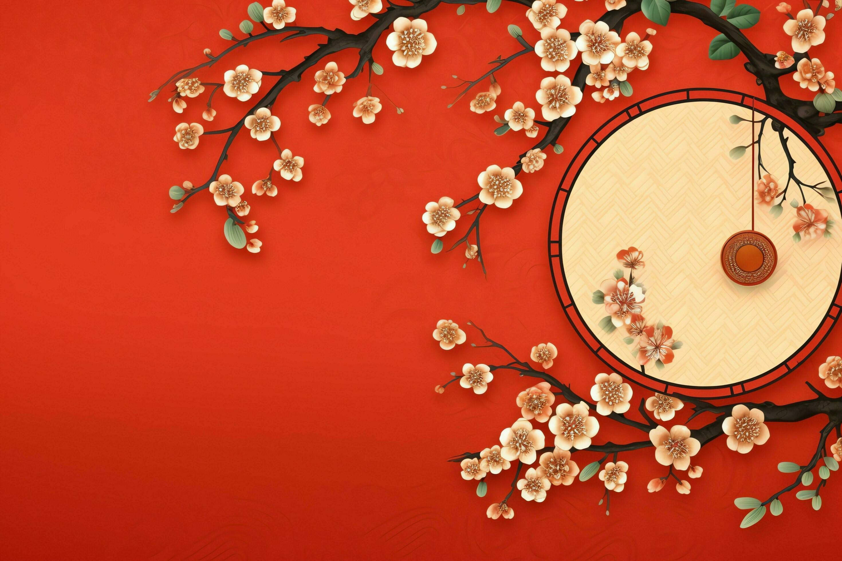 Chinese new year background with traditional lanterns, sakura flowers