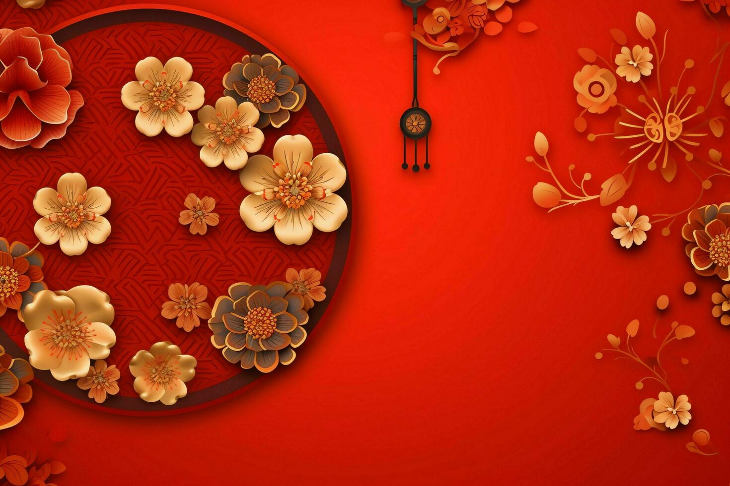 Chinese new year background with traditional lanterns, sakura flowers and copy space. Lunar new year concept by AI Generated photo