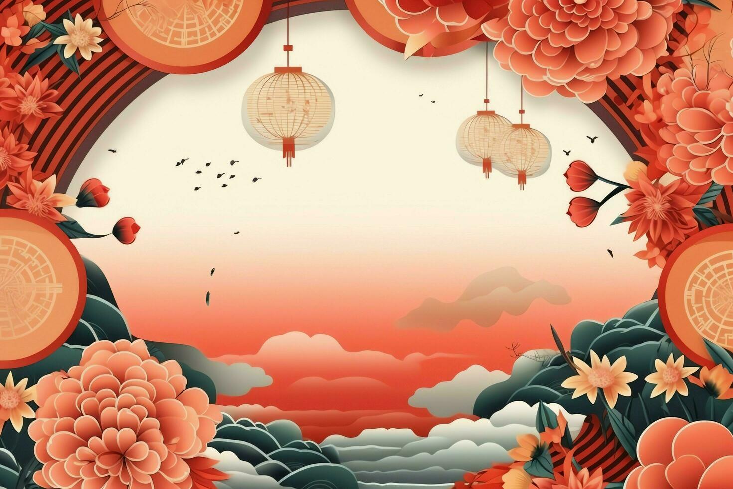 Chinese new year background with traditional lanterns, sakura flowers and copy space. Lunar new year concept by AI Generated photo