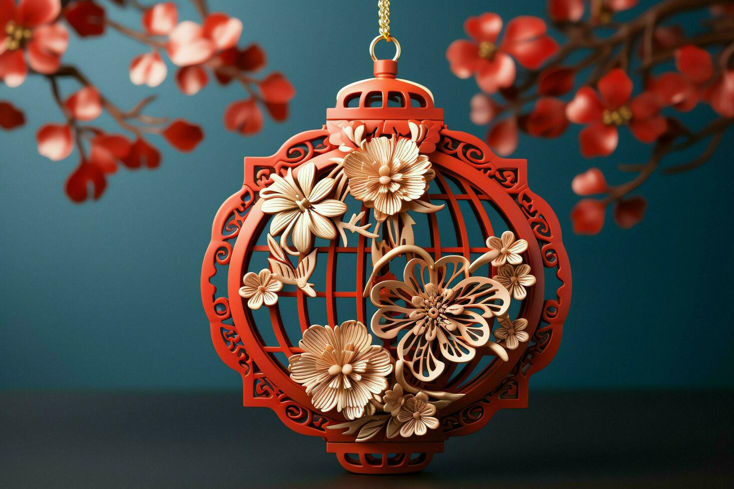 Chinese new year background with traditional lanterns, sakura flowers and copy space. Lunar new year concept by AI Generated photo