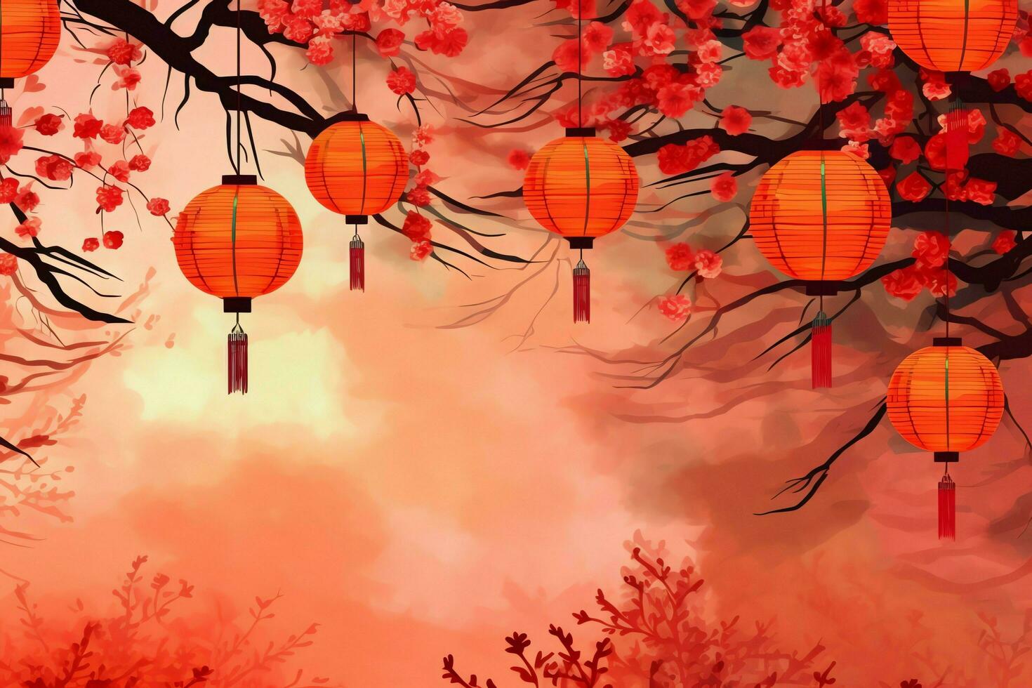 Chinese new year background with traditional lanterns, sakura flowers and copy space. Lunar new year concept by AI Generated photo