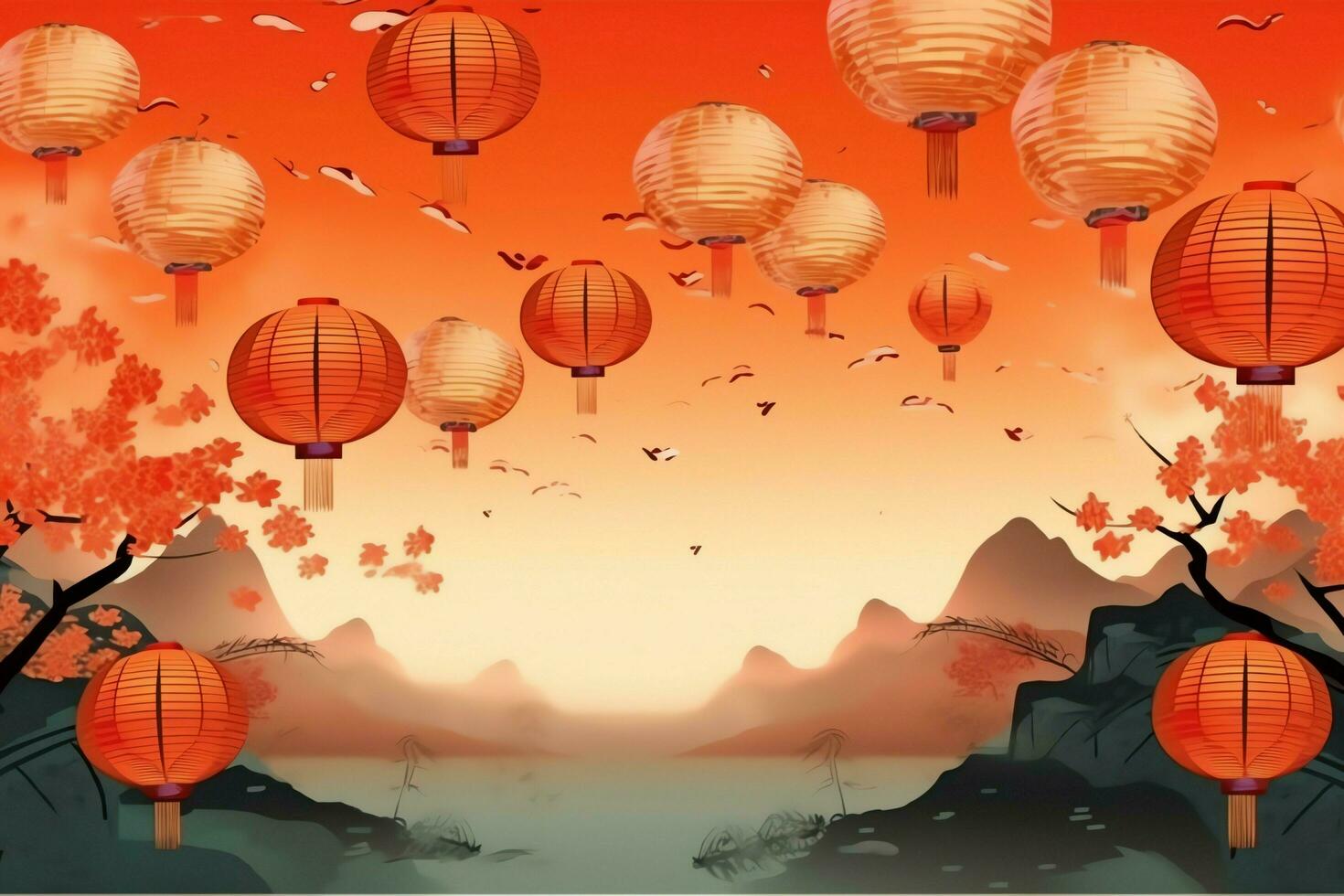 Chinese new year background with traditional lanterns, sakura flowers and copy space. Lunar new year concept by AI Generated photo