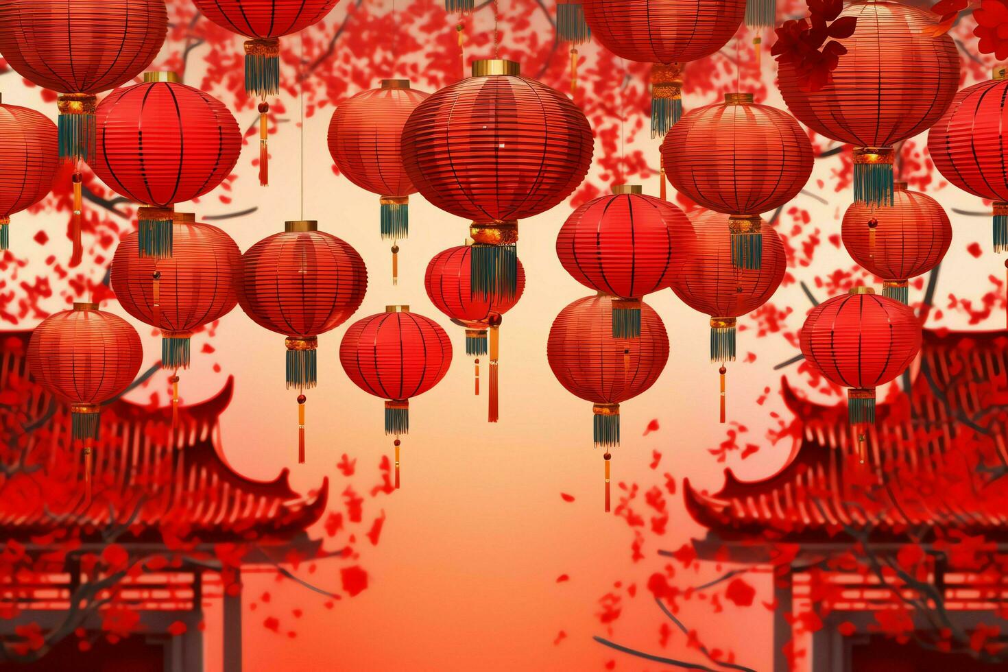 Chinese new year background with traditional lanterns, sakura flowers and copy space. Lunar new year concept by AI Generated photo