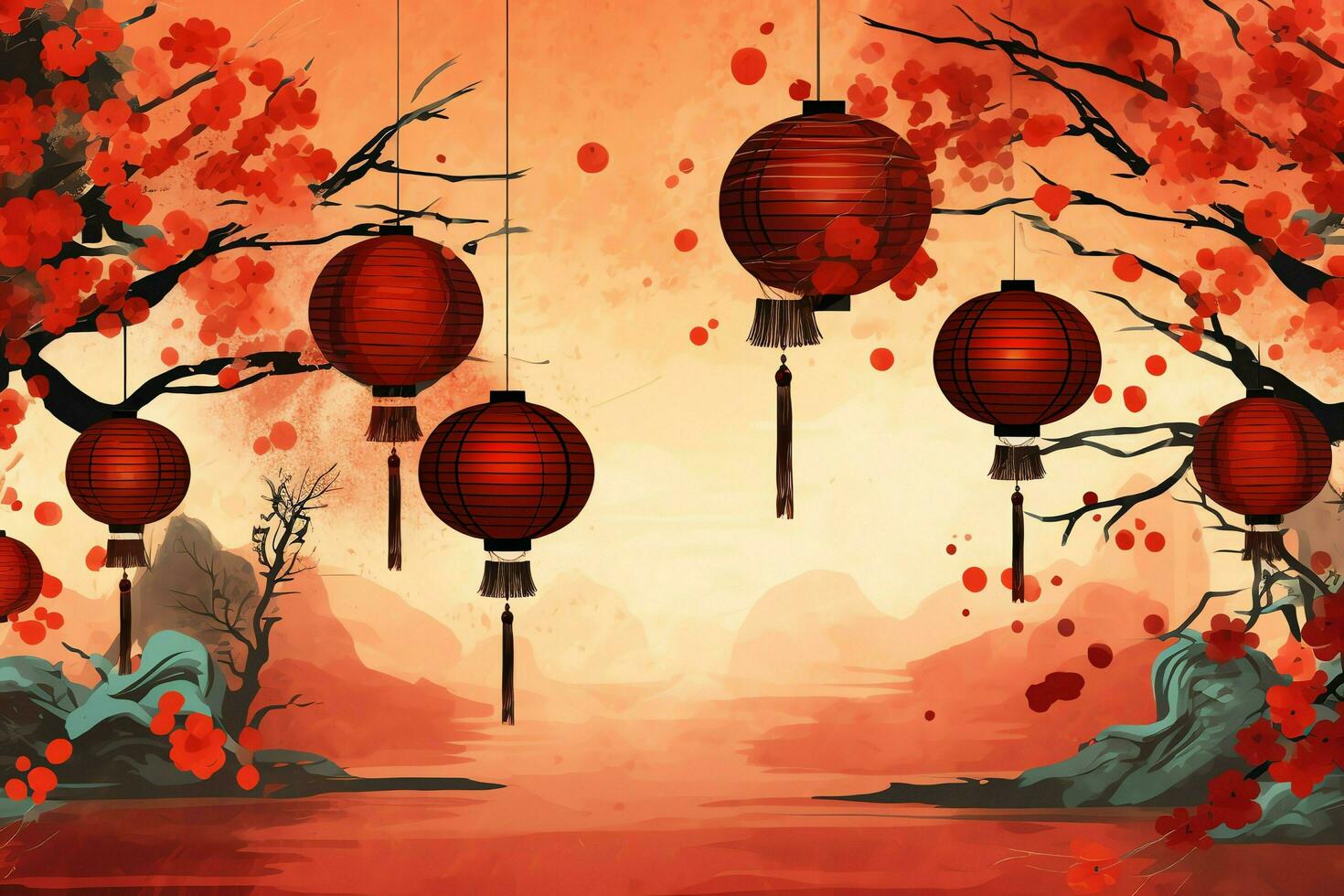 Chinese new year background with traditional lanterns, sakura flowers and copy space. Lunar new year concept by AI Generated photo