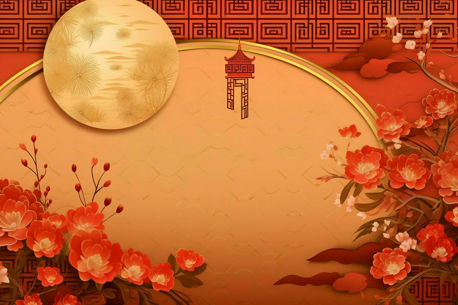 Chinese new year background with traditional lanterns, sakura flowers and copy space. Lunar new year concept by AI Generated photo