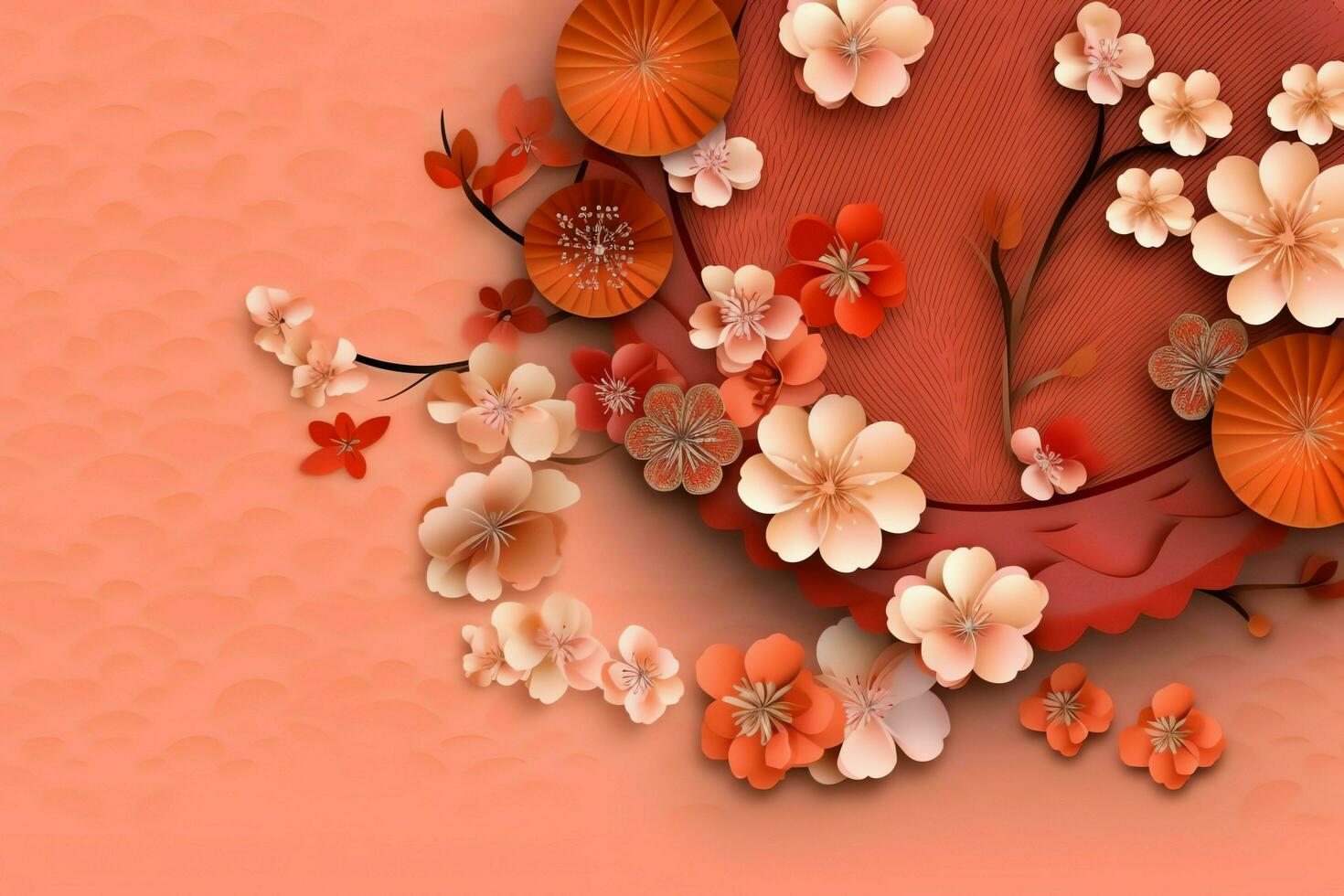 Chinese new year background with traditional lanterns, sakura flowers and copy space. Lunar new year concept by AI Generated photo